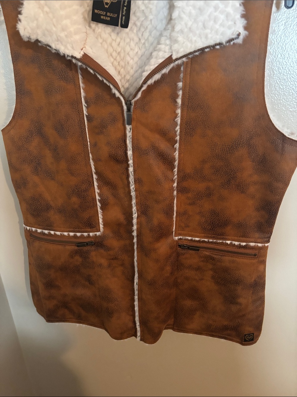 Wooly Bully Wear “Route 66” Sherpa Lined Faux Leather Vest in color Camel - Picture 3 of 12